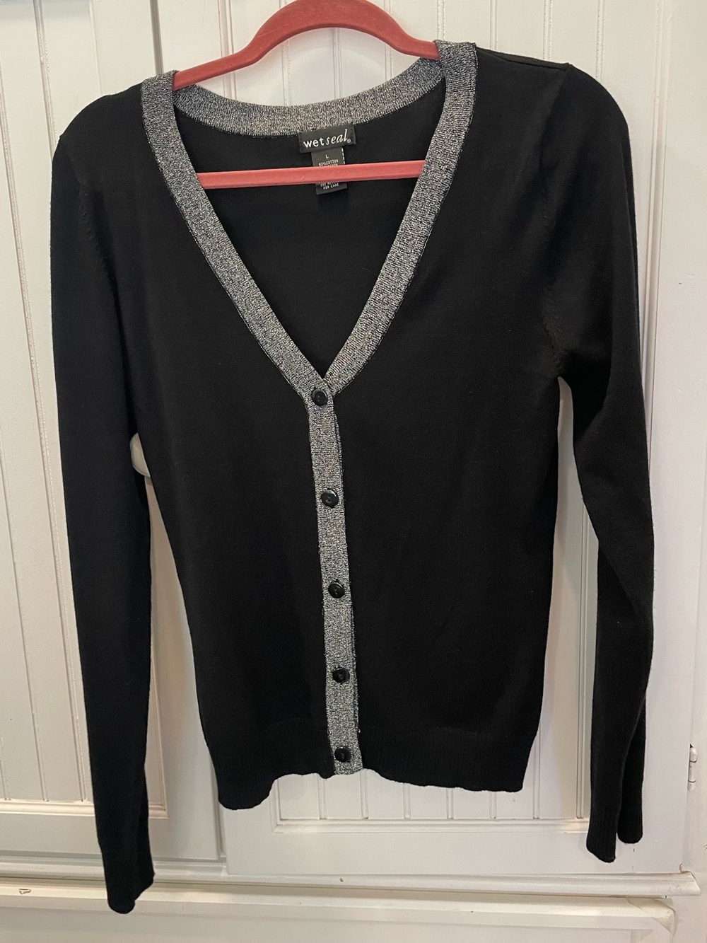 Wet Seal Black Cardigan Sweater With Silver Trim - Size Large